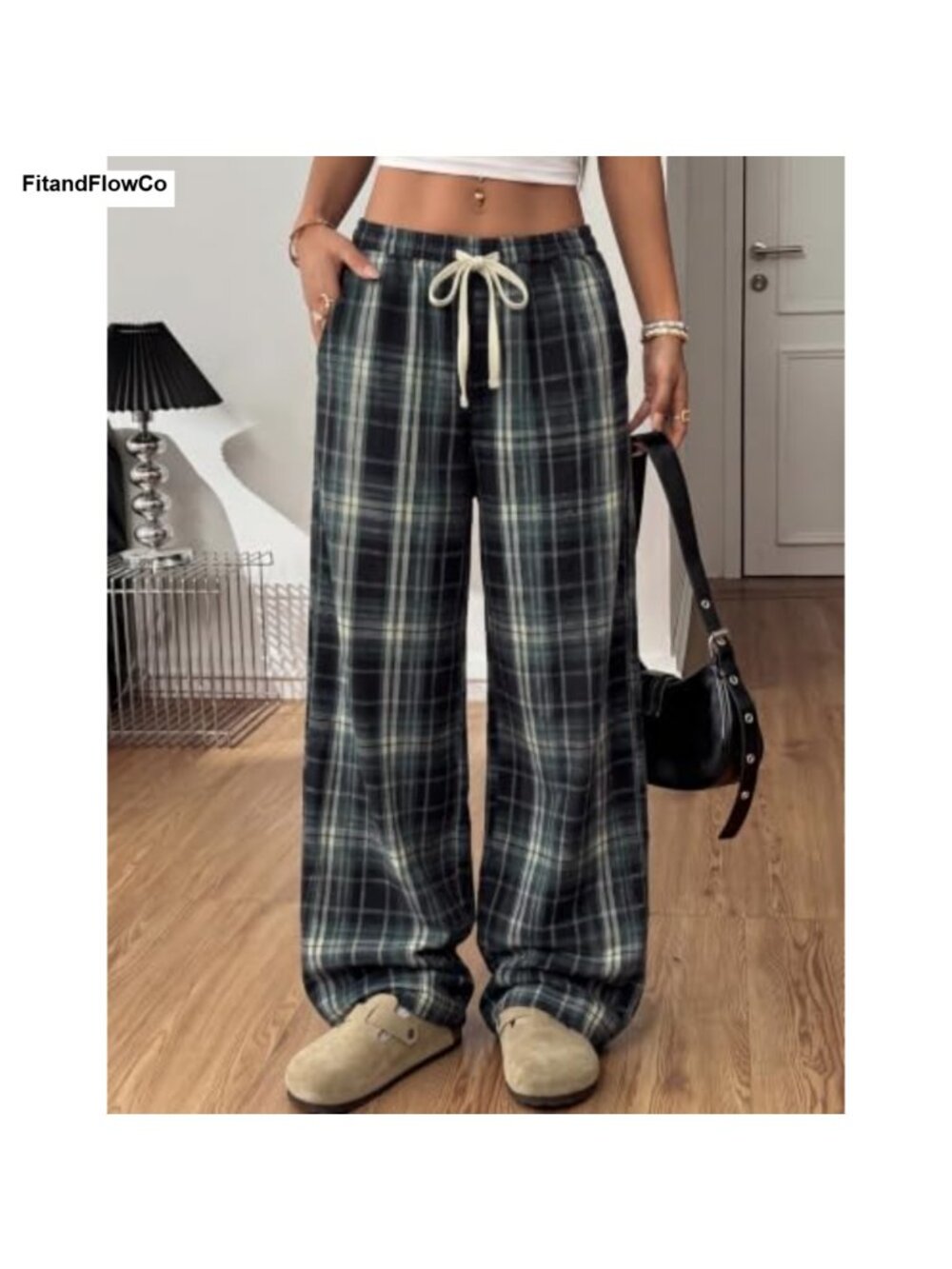 Sherpa Lined Plaid Pajama Pants Flannel Wide Leg Drawstring Lounge Bottoms - Picture 2 of 6